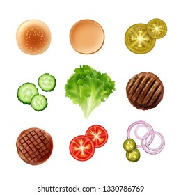 Vector Set Of Realistic Fresh Ingredients For Burger With Bun, Cucumber, Lettuce, Beef And Chicken Patties, Tomato, Jalapenos And Onion Isolated On White Background