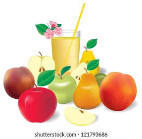 Vector set of realistic fruits with juice