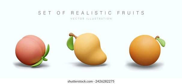 Vector set of realistic fruits. Whole peach, mango, orange. Isolated cute images