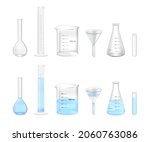 Vector set of realistic glass laboratory empty and water-filled chemical glassware isolated on a white background. volumetric flask, graduated cylinder, beaker, funnel, Erlenmeyer flask and test tube.