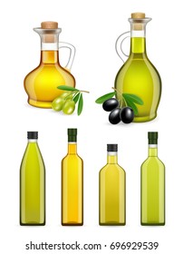 Conjunto vectorial de botellas de aceite de oliva de vidrio y jarras realistas aisladas en fondo blanco. Plantillas de embalaje de aceite de oliva. Anuncio de aceite de oliva.