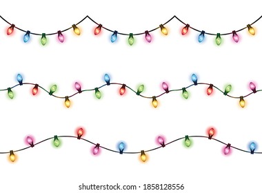 Vector set of realistic glowing colorful hanging christmas lights in seamless pattern on white background