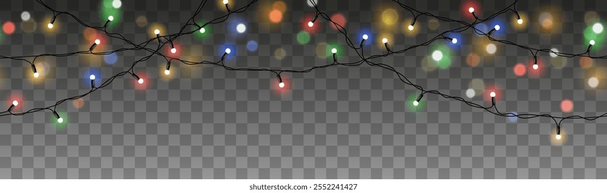 	
Vector set of realistic glowing colorful christmas lights in seamless pattern isolated on dark background	