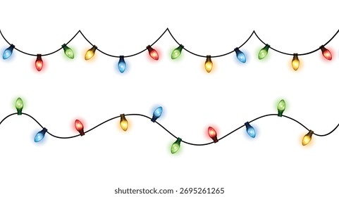 Conjunto de Vector de luces de Navidad colgantes de colores brillantes realistas en patrón transparente sobre fondo blanco