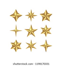 Vector set of realistic golden 3D star isolated on white background. Glossy Christmas stars icon. Design elements for holidays. Vector illustration EPS 10 file