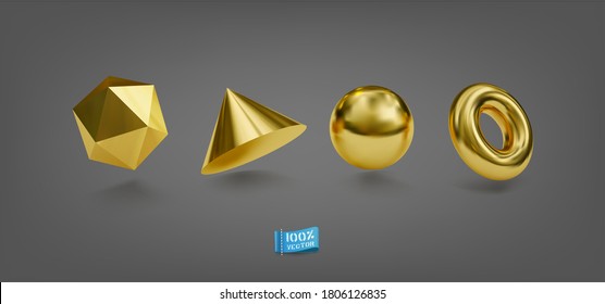 Vector Set of Realistic Golden Geometric Forms. Isolated geometry objects metallic color. Decorative Elements for design.