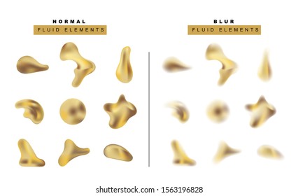 Vector set of realistic golden metallic liquid drop. Fluid effect blurry shapes. Gradient sphere and bubbles. Isolated objects on a transparent for banners, posters, cards, flyers.