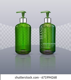 Vector set. Realistic, green, transparent bottles with soap pump isolated on white background. Cosmetic vial wish shampoo,gel. Elements, template for cosmetic business, advertising, promotion