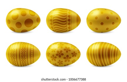 Vector set of realistic happy easter eggs isolated. Six golden glossy metal easter eggs with pattern. 3D illustration