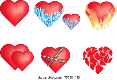 Vector set of realistic hearts. The hearts of lovers. Burning in the fire of love and passion. Icebound indifference and hatred. Captivated by feelings or lack thereof. Broken from unrequited love.
