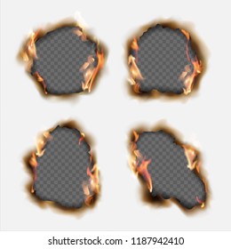 Vector set of realistic holes burnt in paper with brown edges and flames isolated on transparent background