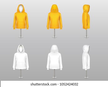 Vector set of realistic hoodies on mannequins and metal poles, sweatshirt unisex model with long sleeves and pockets, in two colors white and yellow isolated on background. Mockup for clothes design