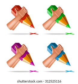 Vector set of realistic icons with hand and pencil