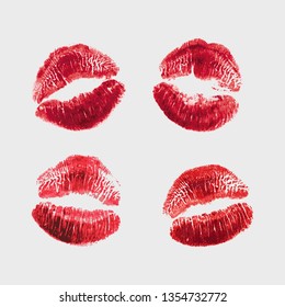 Vector set of realistic illustration womans girl red lipstick kiss mark. Isolated on white background. Valentines day icon, world kiss day. sign, symbol, clip art for design.