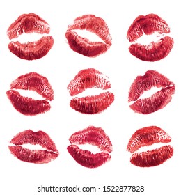Vector set of realistic illustration womans girl red lipstick kiss mark. Isolated on white background. Valentines day icon, world kiss day. sign, symbol, clip art for design.