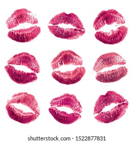 Vector set of realistic illustration womans girl pink lipstick kiss mark. Isolated on white background. Valentines day icon, world kiss day. sign, symbol, clip art for design.