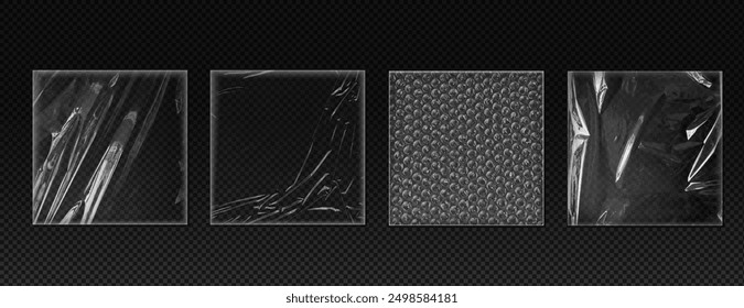 Vector set of realistic illustrations of plastic vinyl film, both wrinkled and packaging, on a sleek black isolated background, ideal for texture mapping.