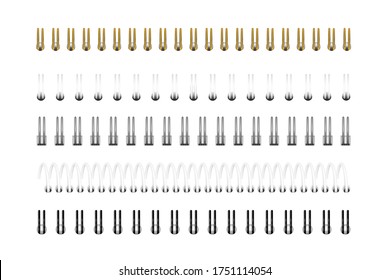 Vector set of realistic images (layout, mockup) of silver, gold, black and white spirals for notebook, calendar, drawing album. Top view. EPS 10.