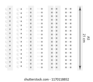 Vector set of realistic images (mock -up, layout) of white spirals for a notebook: a top view, a perspective view, a spiral of an open notepad with square holes on paper, for A5 format. EPS 10. 