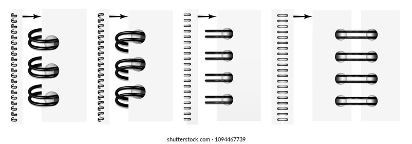 Vector set of realistic images (mock-up, layout) of black spirals for a notebook: a top view, a perspective view, a spiral of an open notepad. The image is created using the gradient mesh. EPS 10.