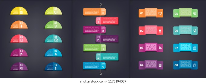 Vector set of realistic infographic design elements. Tags, business bubbles, vertical timeline. Colorful shapes with shadows