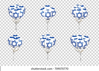 Vector set of realistic isolated balloons with Israel flag for decoration and covering on the transparent background. Concept of Happy Shana Nova and Independence Day.