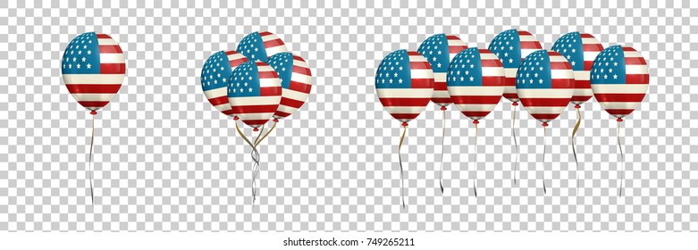 Conjunto de balões isolados realistas com bandeira americana para decoração e cobertura no fundo transparente. Conceito do Dia dos Veteranos de Guerra nos EUA.