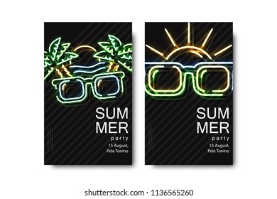 Vector set of realistic isolated brochure with neon signs for summer party for decoration and covering on the white background.