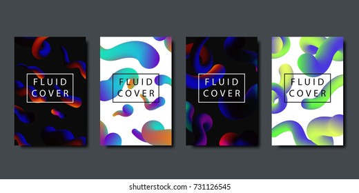 Vector set of realistic isolated brochures with geometric gradient fluid liquid shapes for decoration and covering on the dark background.
