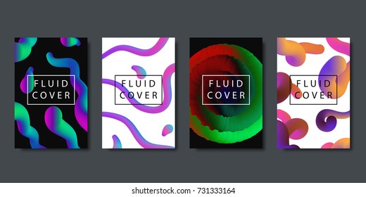 Vector set of realistic isolated brochures with geometric gradient fluid liquid shapes for decoration and covering on the dark background.