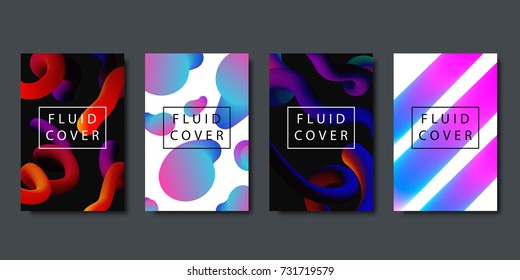 Vector set of realistic isolated brochures with geometric gradient fluid liquid shapes for decoration and covering on the dark background.