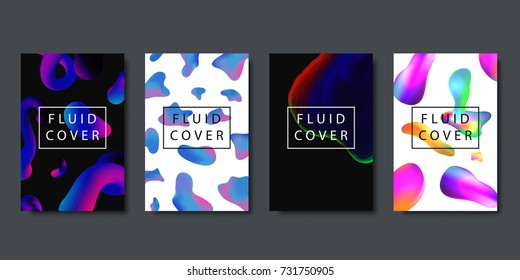 Vector set of realistic isolated brochures with geometric gradient fluid liquid shapes for decoration and covering on the dark background.