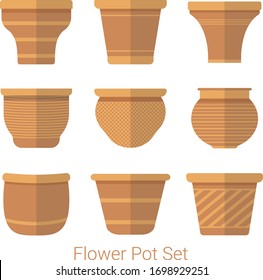 Vector set of realistic isolated brown empty flower pot on white background,
Gardening pot set in different shape.