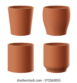 Vector set of realistic isolated brown flower pot on white background.