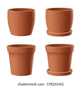 Vector set of realistic isolated brown flower pot on white background.