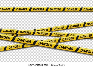 Vector set of realistic isolated caution tape with danger sign for decoration and covering on the transparent background. Concept of barricade, danger and crime.