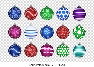 Vector set of realistic isolated Christmas balls for decoration and covering on the transparent background. Concept of Merry Christmas and Happy New Year.