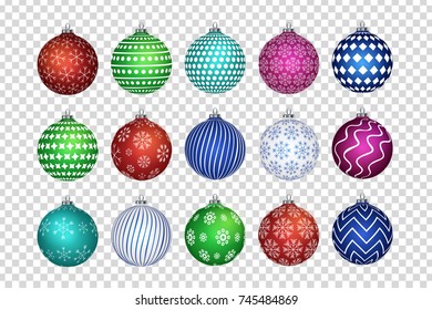 Vector set of realistic isolated Christmas balls for decoration and covering on the transparent background. Concept of Merry Christmas and Happy New Year.