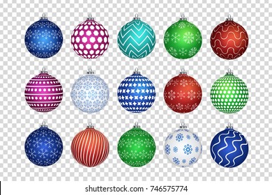 Conjunto de vectores de bolas navideñas aisladas realistas para la decoración y la cobertura sobre el fondo transparente. Concepto de Feliz Navidad y Feliz Año Nuevo.