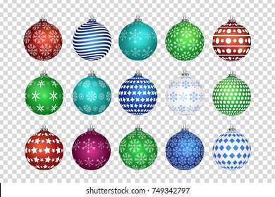 Vector set of realistic isolated Christmas balls for decoration and covering on the transparent background. Concept of Merry Christmas and Happy New Year.