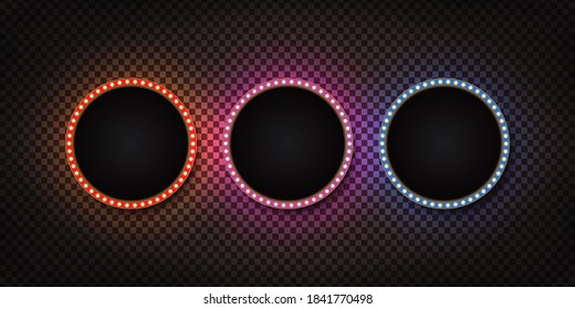 Vector set of realistic isolated circle retro marquee billboard with electric light lamps for invitation on the transparent background. Concept of vintage decoration.