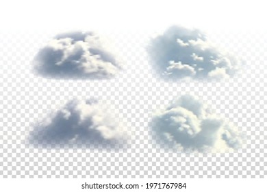 Vector set of realistic isolated cloud for template decoration and covering on the transparent background. Concept of storm and cloudscape.