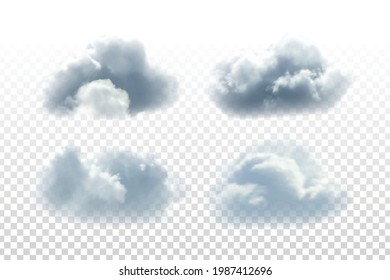 Vector set of realistic isolated cloud for template decoration and covering on the transparent background. Concept of storm, cloudscape and sky constructor.