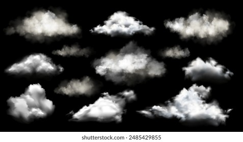 Vector set of realistic isolated cloud or smoke on black background as weather element. Cloud pattern, nature sky or food smoke symbol. Fire smoke wave, cloud overlay texture or smoking explosion art.