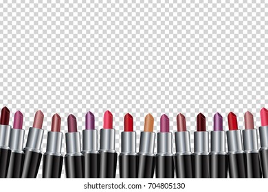 Vector set of realistic isolated color lipsticks on the transparent background. Concept of cosmetics, beauty and fashion.