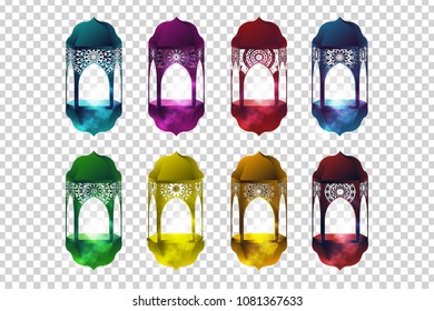 Vector set of realistic isolated colorful lanterns Fanous for Ramadan Kareem on the transparent background. Concept of Happy Ramadan Kareem celebration.