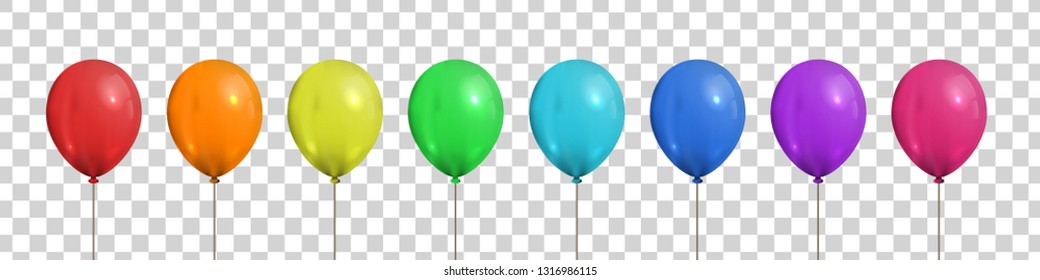 Vector set of realistic isolated colorful balloons for template and invitation decoration on the transparent background. Concept of birthday and anniversary celebration.