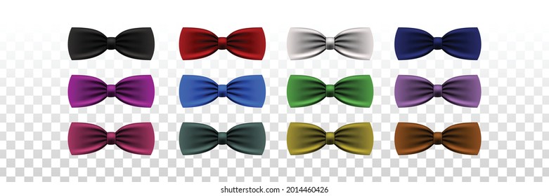 Vector set of realistic isolated colorful bow tie for photo decoration on the transparent background.