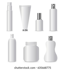 Vector set of realistic isolated cosmetic bottles for branding and covering on the white background. Realistic white blank template mock up for design and business identity.