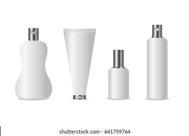 Vector set of realistic isolated cosmetic bottles for branding and covering on the white background. Realistic white blank template mock up for design and business identity.